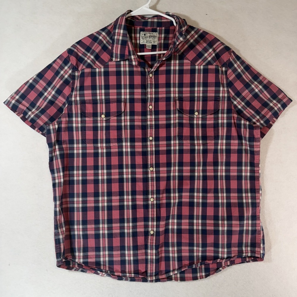 Lucky Brand Mens XXL Pink Navy Plaid Short Sleeve Pearl Snap Western Shirt‎ Y2K